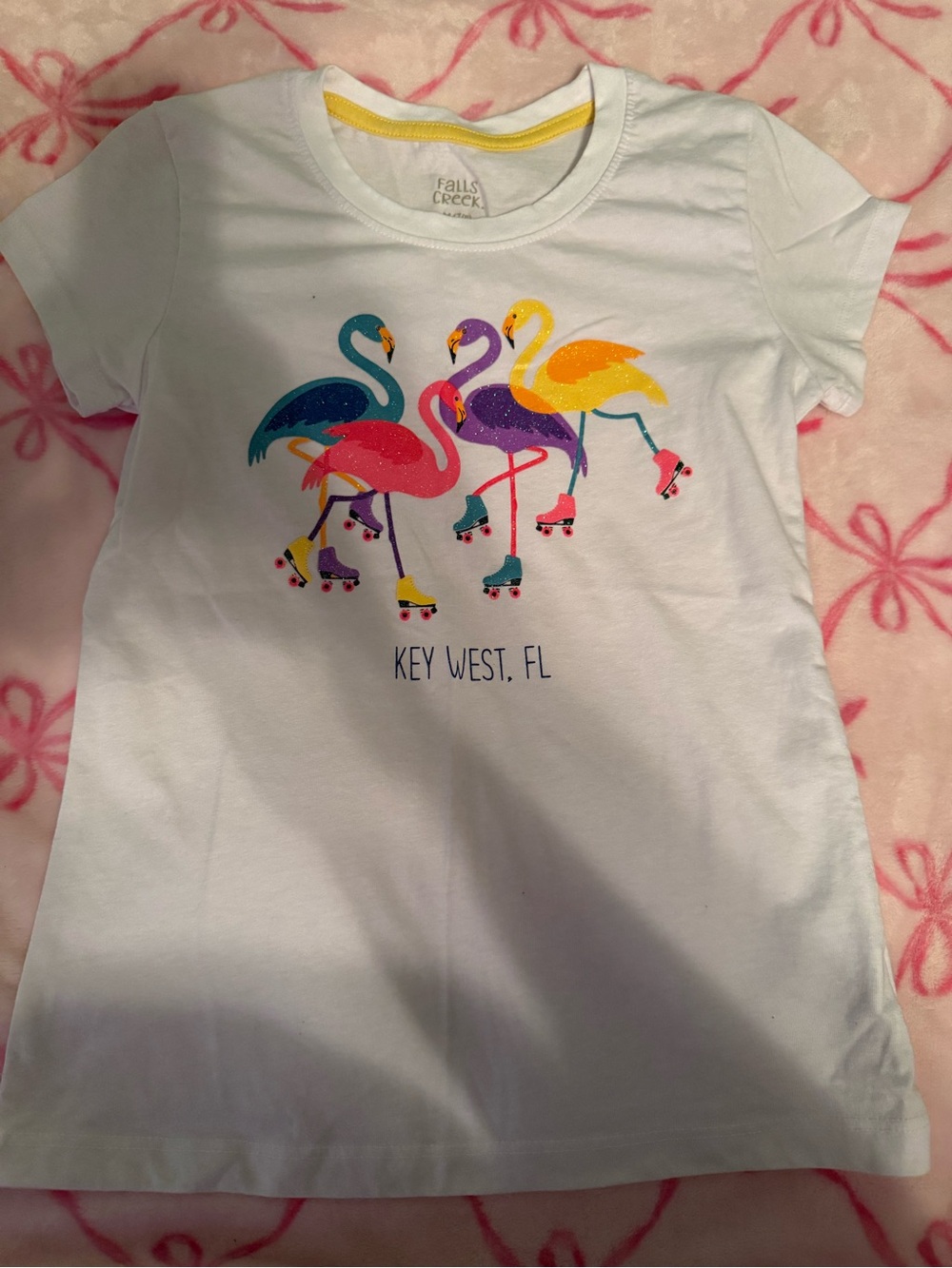 Falls Creek White Tee with Colorful Roller-Skating Flamingos